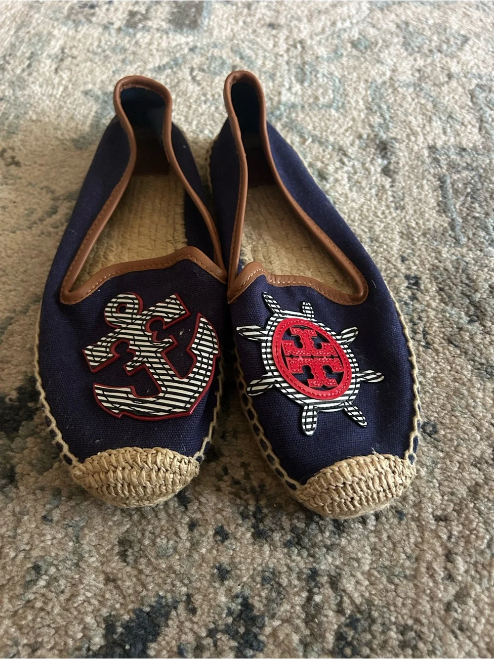 Tory Burch Navy Canvas Espadrilles with Red Anchor and Brown Trim